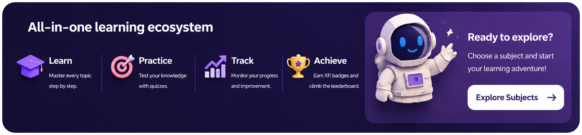 All-in-one learning ecosystem: learn, practice, track and achieve.
