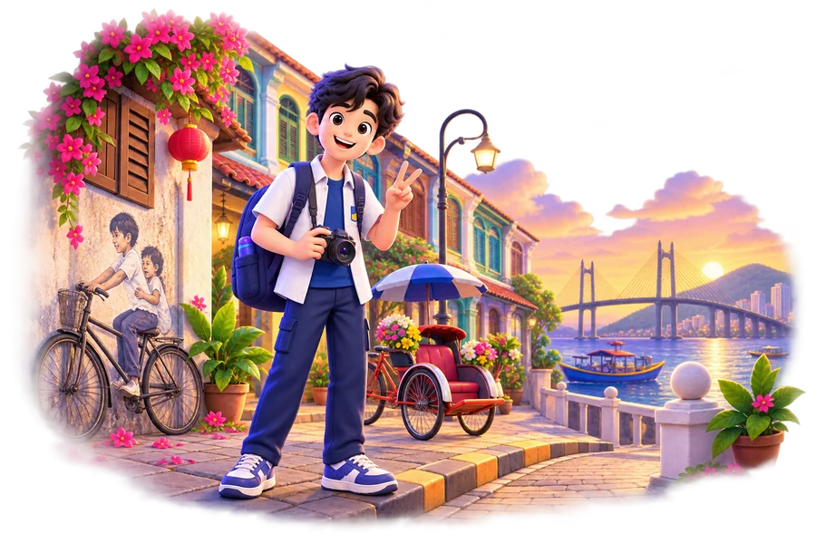 A student photographing a Penang street on one specific trip.