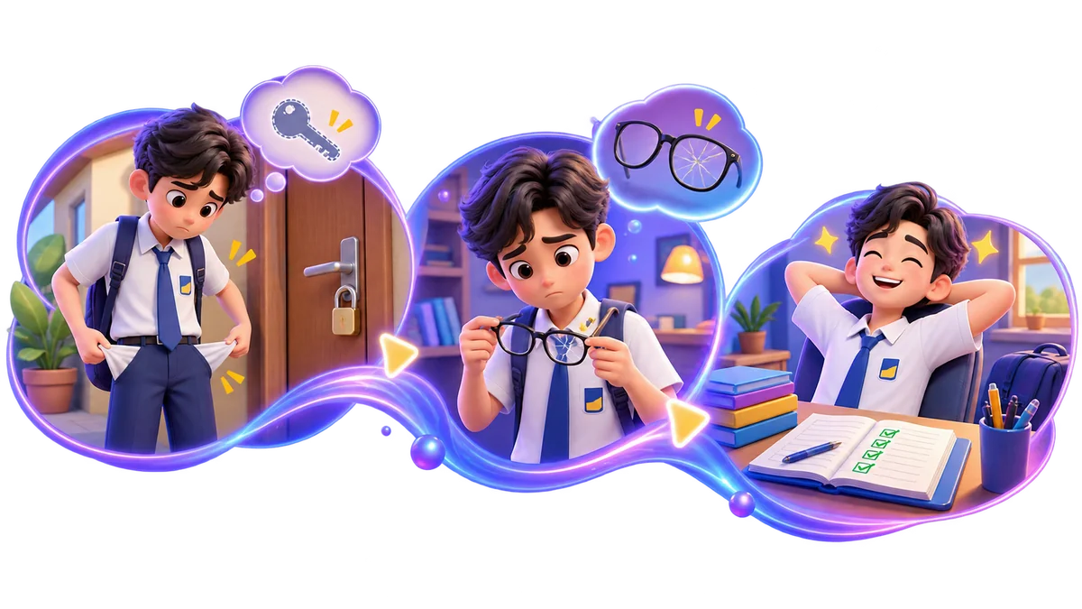 Three scenes: a student locked out after losing a key, a student holding broken glasses, and a relaxed student with finished homework.