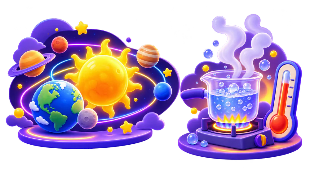 Earth orbiting the Sun and water boiling.