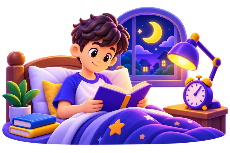 Student reading a book before bed.