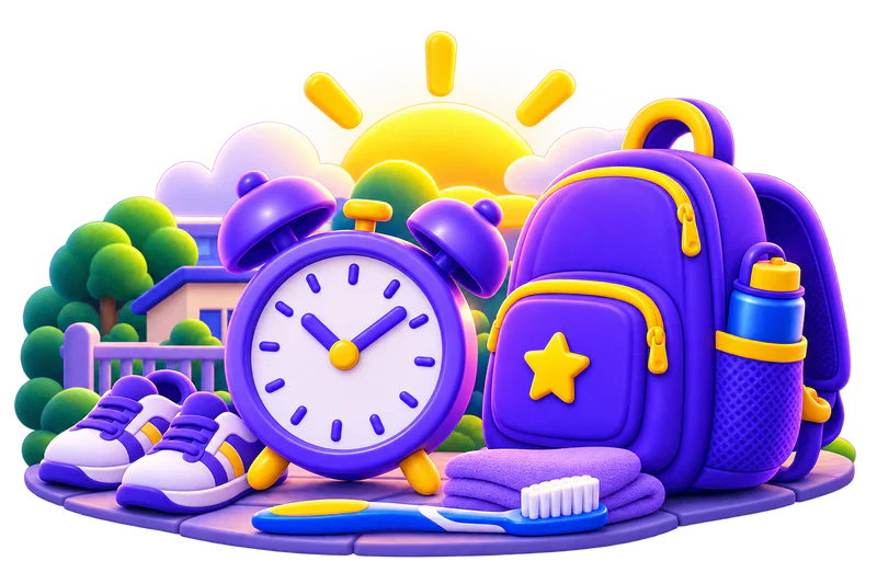 Morning school routine with alarm clock and backpack.